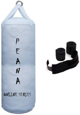 

PEANA Online Series 3.0 Feet Long, PU Material, White Color, Unfilled with Hanging Straps and 9 Feet Long Black Color Hand Wraps Pair Boxing Kit