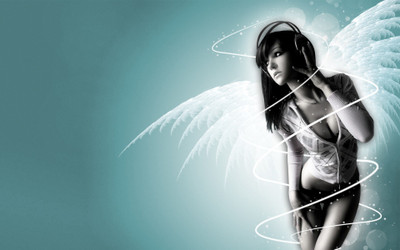 

-angels-blue-headphones-music-wings-women Wall Poster Paper Print(12 inch X 18 inch, Rolled)