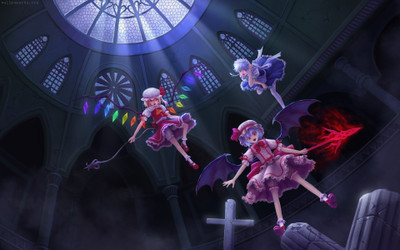 

Akhuratha Anime aizayoi-scarlet-eyes-sakuya-white-flandre-hair-rarity-remilia-blue-maids-touhou-blondes-red-wings Wall Poster Paper Print(12 inch X 18 inch, Rolled)