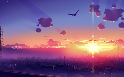 

Akhuratha Anime anime-clouds-sun-birds-citys-awesome Wall Poster Paper Print(12 inch X 18 inch, Rolled)
