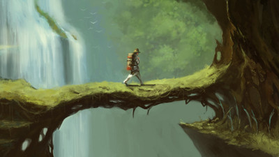 

Akhuratha Anime awaterfall-cliff-traveler-bridge- Wall Poster Paper Print(12 inch X 18 inch, Rolled)