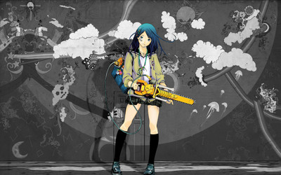 

Akhuratha Anime black-and-white-blue-chainsaw-gray-selective-coloring-yellow Wall Poster Paper Print(12 inch X 18 inch, Rolled)