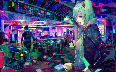 

Akhuratha Anime cyberpunk-headphones-hatsune-miku-vocaloid-train-stations-pink Wall Poster Paper Print(12 inch X 18 inch, Rolled)