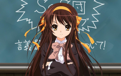 

Akhuratha Anime suzumiya-haruhi-the-melancholy-of-haruhi-suzumiya-blackboard-school-uniforms-women-brunettes-angry-yellow-eyes-long-hair-hair-bands Wall Poster Paper Print(12 inch X 18 inch, Rolled)