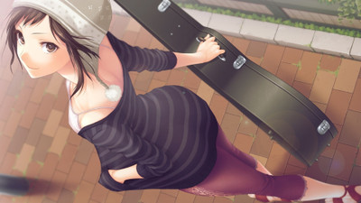 

Akhuratha Anime anime-guitars-woolly-hats-stripes-black-dresses-brown-hair-brown-eyes-noname-leggings Wall Poster Paper Print(12 inch X 18 inch, Rolled)