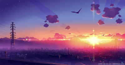 

Akhuratha Anime bird-city-city-night-japan-manga-night-night-sky-sky-town-warm-warm-colors Wall Poster Paper Print(12 inch X 18 inch, Rolled)