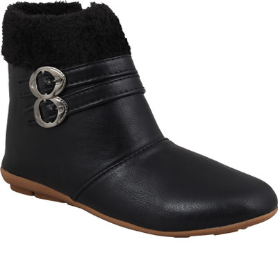 

ABJ Fashion Double Buckle Fur Women's Stylish Black Boots For Women(Black
