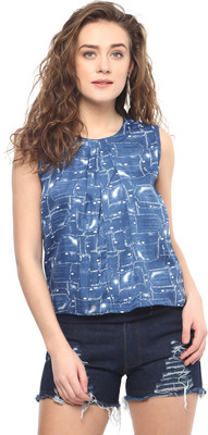 MAYRA Casual No Sleeve Printed Women White, Blue Top