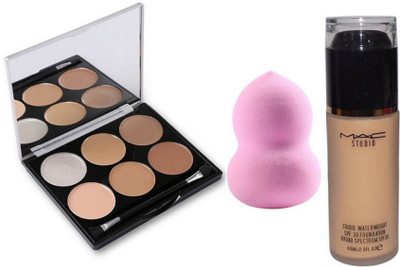 

Professional Makeup Combo Of Mac(Concealer6 Shade Palette,Studio Water Weight Foundation&Puff)(Set of 3)