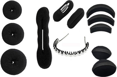 

KashQueen Combo Of 6 Hair Accessories - 3 Donuts 1 Magic Puff 1 Volumizer 1 Banana Bumpit 1 Tictac Puff Hair Accessory Set(Black)