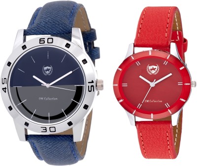 Om Collection Couple Watch set in Blue and Red Dial with Leather Coloured Straps set of 2 pCs -omwp-5 omwp Watch  - For Men & Women   Watches  (OM Collection)