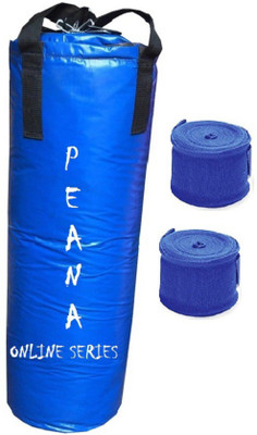 

PEANA Online Series 2.5 Feet Long, Synthetic Leather Material, Blue Color, Unfilled with Hanging Straps and 9 Feet Long Blue Color Hand Wraps Pair Boxing Kit
