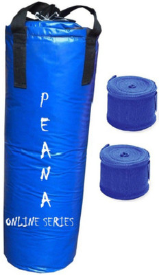 

PEANA Online Series 3.5 Feet Long, Synthetic Leather Material, Blue Color, Unfilled with Hanging Straps and 9 Feet Long Blue Color Hand Wraps Pair Boxing Kit