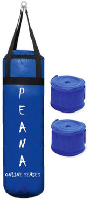 

PEANA Online Series 3.0 Feet Long, PU Material, Blue Color, Unfilled with Hanging Straps and 9 Feet Long Blue Color Hand Wraps Pair Boxing Kit