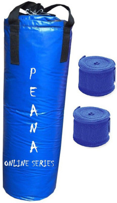 

PEANA Online Series 2.0 Feet Long, Synthetic Leather Material, Blue Color, Unfilled with Hanging Straps and 9 Feet Long Blue Color Hand Wraps Pair Boxing Kit