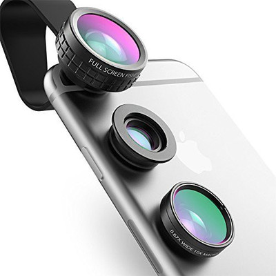 Aukey Mini Clip-on Optic Cell Phone Camera Lens Kit 180 Degree Fisheye Lens + 110 Degree Wide Angle + 10x Macro Lens for Phones Mobile Phone Lens