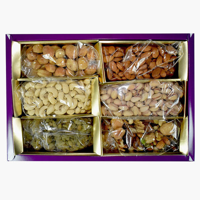 

Emazing Gourmet UPHAAR Dry Fruit Gift Pack Almonds , Cashew , Raisins , Mixed Mewa , Pistachio & Apricot ( 150 Grams Each ) Combined with 2 Multicolor LED DIYA Assorted Nuts(600 g, Box)