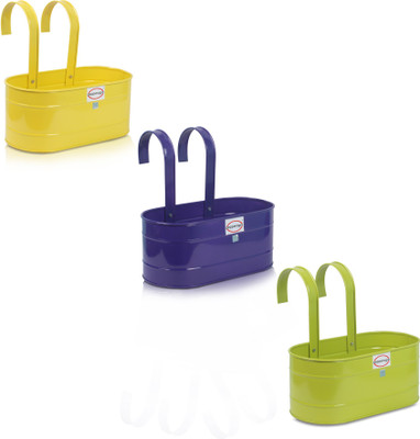 

Pepper Agro Gardening Railing balcony Decorative Oval Hanging Pots Metal Plant Container Purple, Yellow, Apple Green Set of 3 Plant Container Set(Metal)