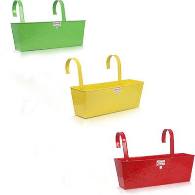 

Pepper Agro Gardening Railing balcony planter Decorative hanging flower pots Rectangular metal plant container Red, Green, Yellow Set of 3 Plant Container Set(Metal)