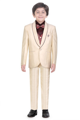 

Jeet Coat Suit Set with Shirt Self Design Boys Suit, Beige