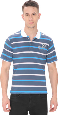 THHIC Striped Men Polo Neck Blue T-Shirt