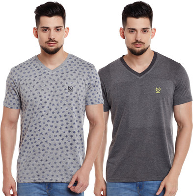 MACK JONNEY Self Design, Geometric Print Men V Neck Grey T-Shirt
