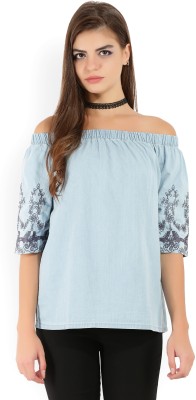 Tokyo Talkies Casual 3/4 Sleeve Embroidered Women Blue Top