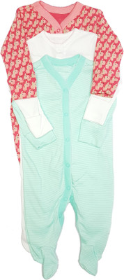 

GoodStart 100% Cotton Long Sleeves Baby Rompers - Set of 3(Pink, Green, White)