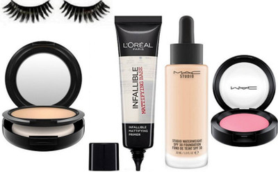 

Imported Eyelashes&Mac Studio Fix Compact,Pink Shade Blusher,Studio Water Weight Foundation&Loreal Primer(Set of 5)