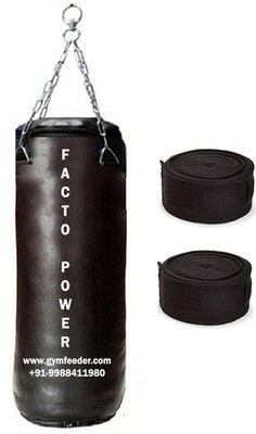 

FACTO POWER 5.0 Feet Long, SRF - STANDARD Material, BLACK Color, Unfilled with Chain & 9 Feet Long Black Color Hand Wraps Pair Boxing Kit