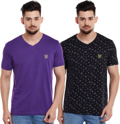 VIMAL JONNEY Graphic Print, Solid Men V Neck Purple, Black T-Shirt