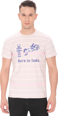 THHIC Striped Men Round or Crew Pink T-Shirt