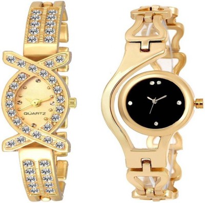 Gopal Retail Golden Studed Diamond X-Watch With GLory GOlden Chain Combo For Women Watch Watch  - For Girls   Watches  (Gopal Retail)
