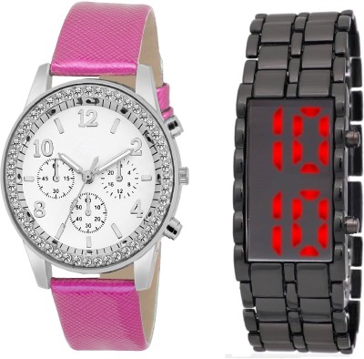 SOOMS LEDSKMEI HEAVY BRACELET WITH RED LIGHT FOR MEN WITH NEW GENEVA PLATINUM Stylist Diamond STUDDED Analogue PINK Color women Watch  - For Boys & Girls   Watches  (Sooms)