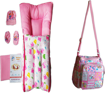 

Dolphin52 baby care combo of 4 ( baby bed , baby cap and mitten set , baby dry mat and a mother bag)(Multicolor)