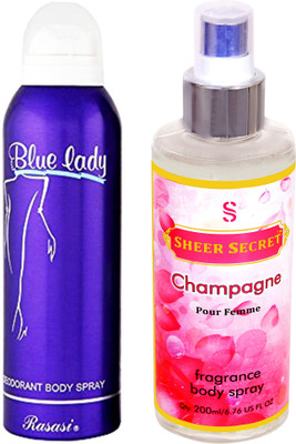 

Rasasi BLUE LADY WOMEN 200 ML with SHEER SECRET CHAMPAGNE WOMEN(Set of 2)