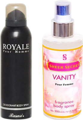 

Rasasi ROYALE BLACK 200 ML with SHEER SECRET VANITY WOMEN 200 ML(Set of 2)