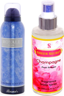 

Rasasi ROYALE BLUE MEN 200 ML with SHEER SECRET CHAMPAGNE WOMEN(Set of 2)