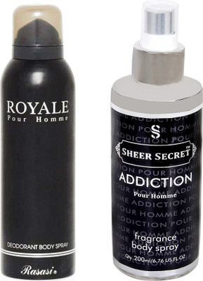 

Rasasi ROYALE BLACK 200 ML with SHEER SECRET ADDICTION MEN 200 ML(Set of 2)