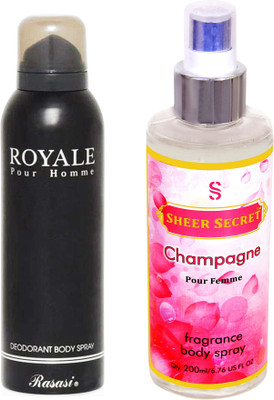 

Rasasi ROYALE BLACK 200 ML with SHEER SECRET CHAMPAGNE WOMEN(Set of 2)