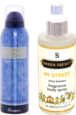 

Rasasi ROYALE BLUE MEN 200 ML with SHEER SECRET HI STREET WOMEN 200 ML(Set of 2)