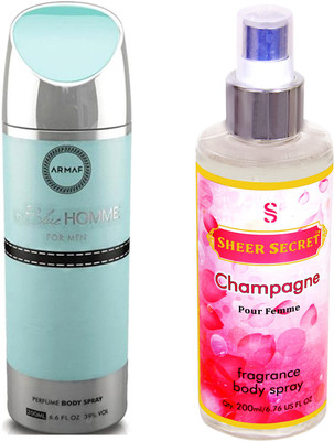 

Armaf BLUE HOMME MEN 200 ML with SHEER SECRET CHAMPAGNE WOMEN 200 ML(Set of 2)