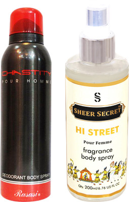 Rasasi CHASTITY MEN 200 ML with SHEER SECRET HI STREET WOMEN 200 ML(Set of 2)