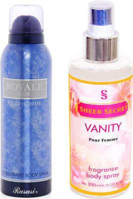

Rasasi ROYALE BLUE MEN 200 ML with SHEER SECRET VANITY WOMEN 200 ML(Set of 2)