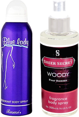 

Rasasi BLUE LADY WOMEN 200 ML with SHEER SECRET WOODY MEN 200 ML(Set of 2)