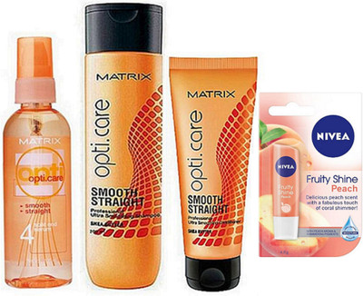 

Matrix Opti Care Hair Serum, Shampoo, Conditioner & Nivea Peach Lip Balm(Set of 4)