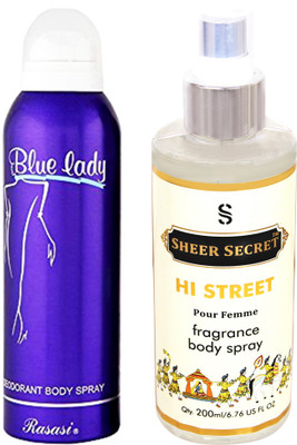 

Rasasi BLUE LADY WOMEN 200 ML with SHEER SECRET HI STREET WOMEN 200 ML(Set of 2)