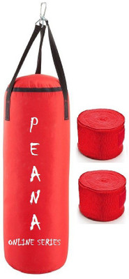 

PEANA Online Series 1.5 Feet Long, PU Material, Red Color, Unfilled with Hanging Straps and 9 Feet Long Red Color Hand Wraps Pair Boxing Kit