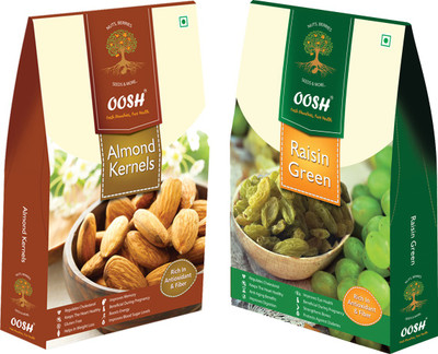 

Oosh California Almond Kernel 250g & Afgani Green Raisin 250g | Premium Dry Fruit Almonds, Raisins(500 g, Box)