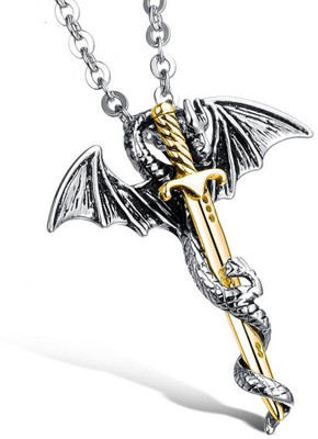 Yellow Chimes Golden Sword Dragon Stainless Steel Rhodium Stainless Steel Pendant